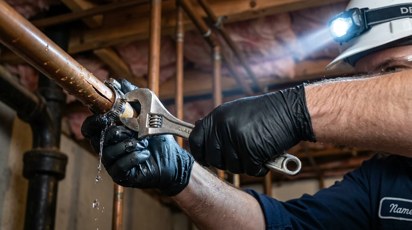 Emergency pipe clamp repair being performed by a Johns Plumbing LLC plumber in Pennington Gap