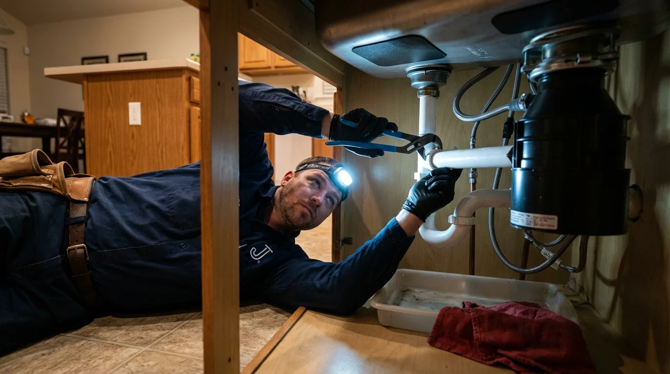 P-trap and supply line connections under a kitchen sink showing a common leak point in Pennington Gap, VA